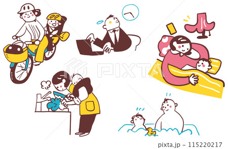 幼い子供を育てながら生活する若い夫婦 モノクロセットのイラスト素材 幼い子供を育てながら生活する若い夫婦 モノクロセットのイラスト素材 115220217
