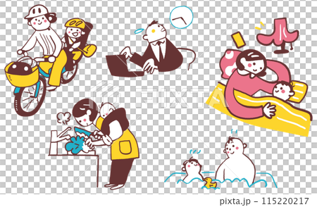 A young couple living while raising a young child Monochrome set illustration material A young couple living while raising a young child Monochrome set illustration material 115220217