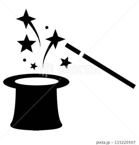 Magic hat with wand icon. Wand magic hat sign. Magic hat with stars symbol. flat style. 115220507
