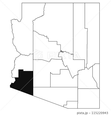Map of Yuma County in Arizona state on white background. single County map highlighted by black colour on Arizona map. UNITED STATES, US Map of Yuma County in Arizona state on white background. single County map highlighted by black colour on Arizona map. UNITED STATES, US 115220943