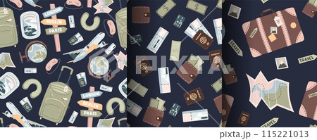 Set of seamless pattern with tourist items. Endless background with luggage, airplane, travel things. Travel around the world, adventure. Great for wallpaper, scrapbooking, fabric 115221013