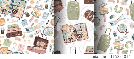 Set of seamless pattern with tourist items, luggage, tickets and plane. Travel time, summer vacation. Endless texture about trip and flight. Flat vector illustration 115221014
