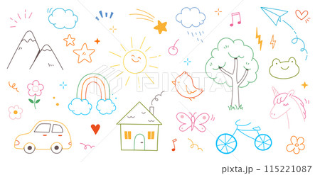 Kid cute doodle set. Cute sun, house, tree kid doodle sketch style vector. Hand drawn sun, car, rainbow elements. Funny children pen outline flower, bird, butterfly. Vector Kid cute doodle set. Cute sun, house, tree kid doodle sketch style vector. Hand drawn sun, car, rainbow elements. Funny children pen outline flower, bird, butterfly. Vector 115221087