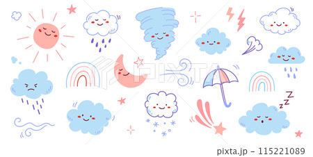 Cloud rain weather cartoon cute set. Cloud, sun, moon weather character with smile and angry face. Hand drawn doodle sketch style. Rainbow, wind, tornado doodle character. Vector Cloud rain weather cartoon cute set. Cloud, sun, moon weather character with smile and angry face. Hand drawn doodle sketch style. Rainbow, wind, tornado doodle character. Vector 115221089