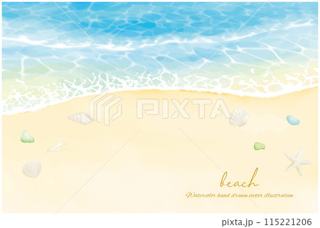 水彩手書きの白い砂浜と青い海の背景イラスト 115221206