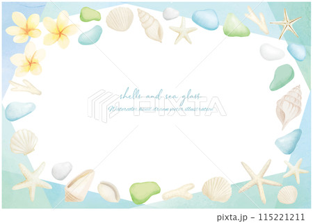水彩で描いたカラフルなシーグラスと白い貝殻のフレーム 115221211