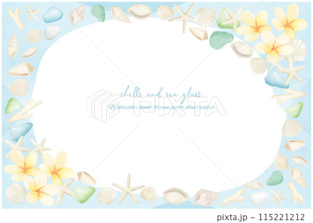 水彩で描いたカラフルなシーグラスと白い貝殻のフレーム 115221212