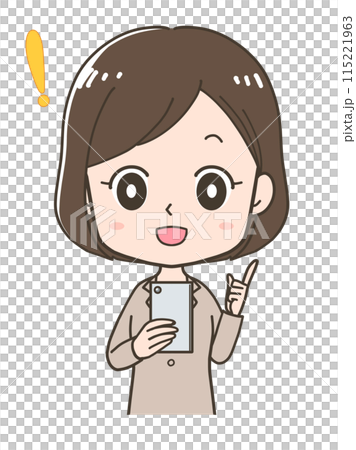 一位在操作智慧型手機時有想法的女商人的上半身插圖 一位在操作智慧型手機時有想法的女商人的上半身插圖 115221963