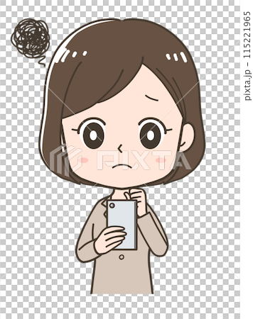 一位女商人在操作智慧型手機時遇到麻煩的上半身插圖 一位女商人在操作智慧型手機時遇到麻煩的上半身插圖 115221965