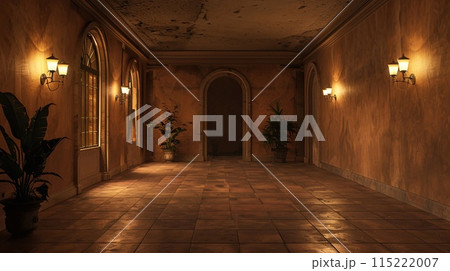 Cozy empty hall with earth-toned walls, subtle lighting, and a peaceful atmosphere 115222007