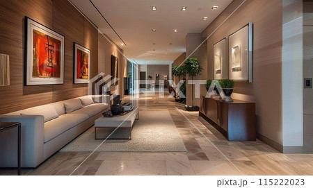 Spacious hall in muted warm colors, with modern art pieces and subtle decorative touches 115222023