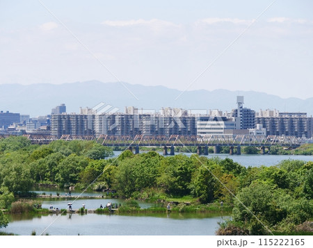 大阪 淀川 淀川橋梁とワンド(湾処)・高層ビル(菅原城北大橋付近左岸から)(初夏) 大阪 淀川 淀川橋梁とワンド(湾処)・高層ビル(菅原城北大橋付近左岸から)(初夏) 115222165