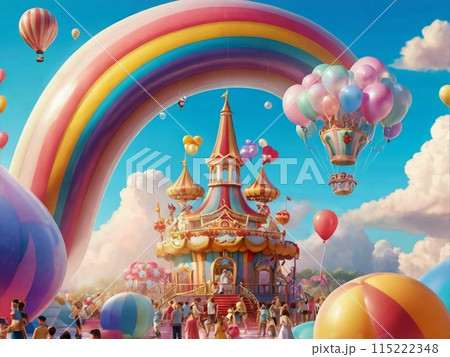 雲の上の虹がかかるカラフルな遊園地 115222348