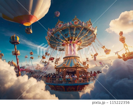 空に浮かぶ気球と遊園地 115222356