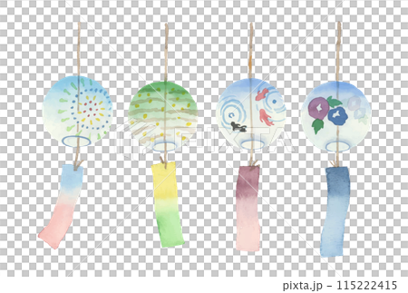 カラフルな風鈴のセットのベクターイラスト カラフルな風鈴のセットのベクターイラスト 115222415