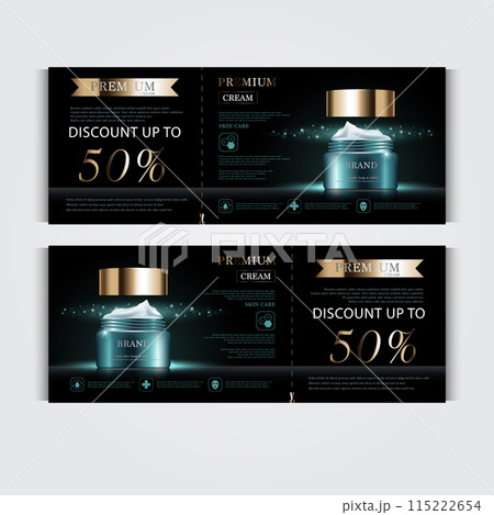 Gift voucher hydrating facial cream for annual sale or festival sale. gold cream mask bottle isolated on glitter particles background. Banner graceful cosmetic ads, illustration. 115222654