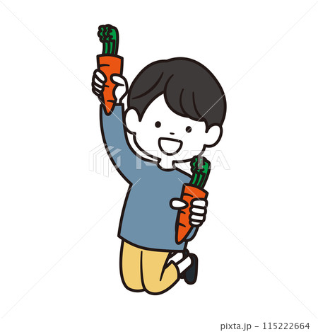 両手にニンジンを持っている小学生の男の子がジャンプをしているイラスト素材 115222664