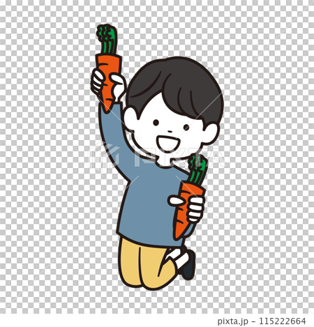 両手にニンジンを持っている小学生の男の子がジャンプをしているイラスト素材 115222664