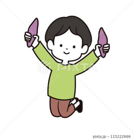サツマイモを持っている小学生の男の子がジャンプをしているイラスト素材 115222666