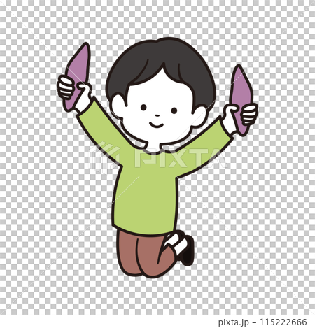 サツマイモを持っている小学生の男の子がジャンプをしているイラスト素材 115222666