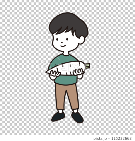 有機野菜の大根を持っているグリーンの半袖を着た小学生の男の子の全身カラーイラスト素材 115222668