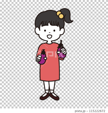 A full-body color illustration of an elementary school girl wearing a pink dress holding an organic eggplant 115222672