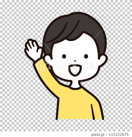 Smiling boy raising his hand, upper body icon illustration Smiling boy raising his hand, upper body icon illustration 115222675