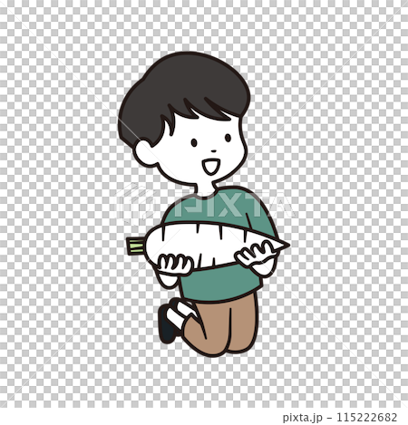 Illustration of an elementary school boy jumping while holding a radish in both hands 115222682