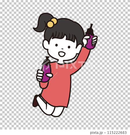 Illustration of an elementary school girl with a ponytail holding an eggplant jumping Illustration of an elementary school girl with a ponytail holding an eggplant jumping 115222683