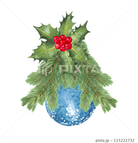 Pine branches are decorated with holly with red berries and a blue glittery Christmas tree decoration. Watercolor illustration on the theme of New Year and Christmas. Hand drawn isolated clipart. 115222732