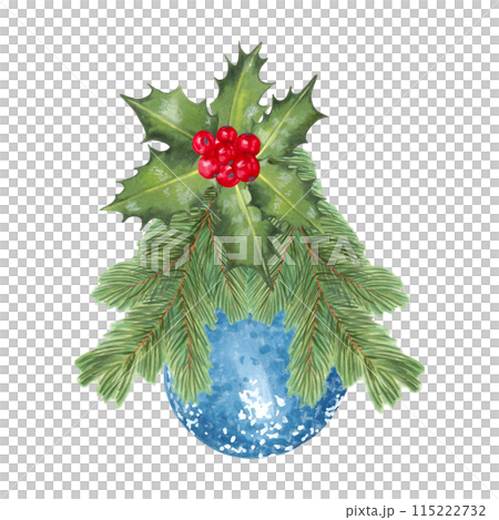 Pine branches are decorated with holly with red berries and a blue glittery Christmas tree decoration. Watercolor illustration on the theme of New Year and Christmas. Hand drawn isolated clipart. 115222732