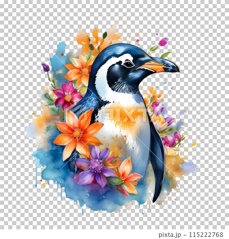 Penguin with flowers on clean background. Birds. Wildlife Animals. 115222768