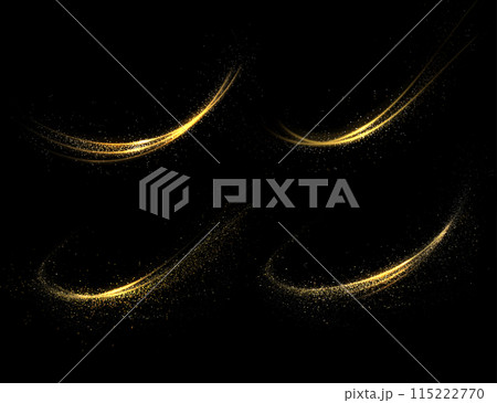 Isolated abstract arcs with gold shiny tinsel on a black background Isolated abstract arcs with gold shiny tinsel on a black background 115222770
