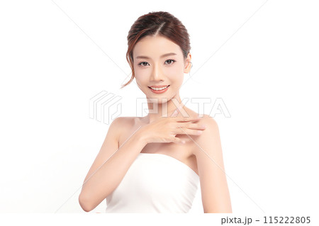 Beautiful young asian woman with clean fresh skin on white background, Face care, Facial treatment, Cosmetology, beauty and spa, Asian women portrait. Beautiful young asian woman with clean fresh skin on white background, Face care, Facial treatment, Cosmetology, beauty and spa, Asian women portrait. 115222805
