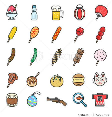 夏祭りのアイコン（線画カラー）のイラストセット 115222895