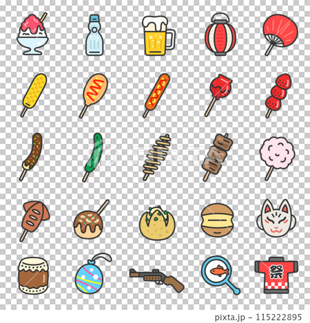 夏祭りのアイコン（線画カラー）のイラストセット 115222895