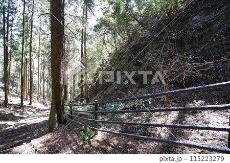 神川町 金鑚(かなさな)神社から御岳山に登る登山道 鏡岩付近から下り方向を見る 2024年3月30日 神川町 金鑚(かなさな)神社から御岳山に登る登山道 鏡岩付近から下り方向を見る 2024年3月30日 115223279