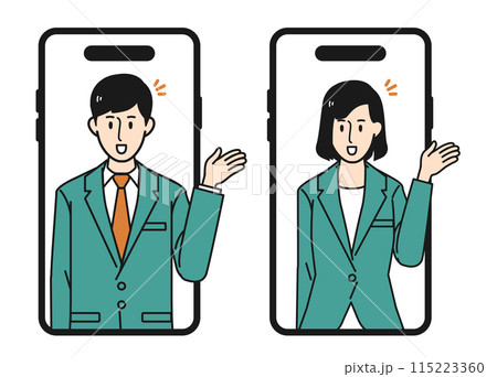 スマホ画面がの中で案内をするスーツ姿の男女のイラスト 115223360