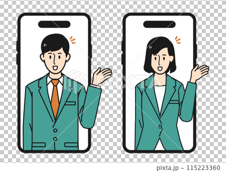 スマホ画面がの中で案内をするスーツ姿の男女のイラスト 115223360