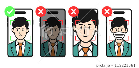 スマートフォンの画面を使って顔認証をしている男性のOK/NG使い分け 115223361