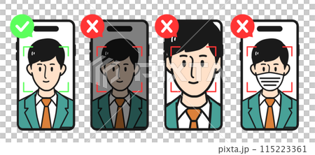 スマートフォンの画面を使って顔認証をしている男性のOK/NG使い分け 115223361