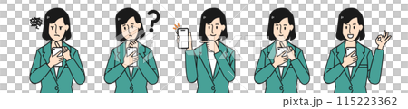 A woman holding a smartphone and posing in a series of steps: malfunction, question, suggestion, operation, and solution A woman holding a smartphone and posing in a series of steps: malfunction, question, suggestion, operation, and solution 115223362