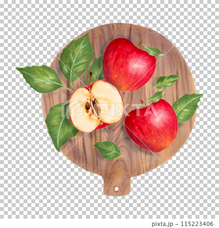 Red apples lie on a wooden round cutting board.Healthy whole and slices of fruit with leaves and kitchen utensil.Watercolor illustration.Hand drawn isolated clipart. For packaging cream, jam, juice. Red apples lie on a wooden round cutting board.Healthy whole and slices of fruit with leaves and kitchen utensil.Watercolor illustration.Hand drawn isolated clipart. For packaging cream, jam, juice. 115223406
