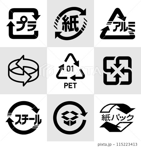 Japanese recycling Icon Set- Plastic, Paper, Aluminium, Recycle (3D), Recycle 01 PET, Recycle (Square), Steel, Cardboard and Carton. Japanese recycling symbols for cardboard box packaging. 115223413
