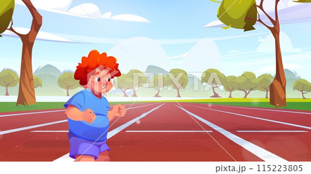 Kid boy jogging on running track of stadium 115223805
