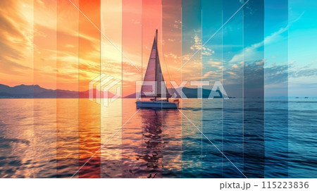 Striking collage of a sailboat against a sunset backdrop, transitioning through a spectrum of warm colors 115223836