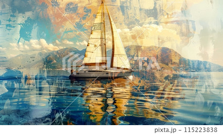 Picturesque digital collage of a sailboat on calm waters with a vibrant sunset backdrop 115223838