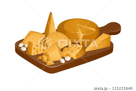 Different types of cheeses on cutting board in realistic style. Vector illustration. Cheese tray, compartmental dishes 115223840