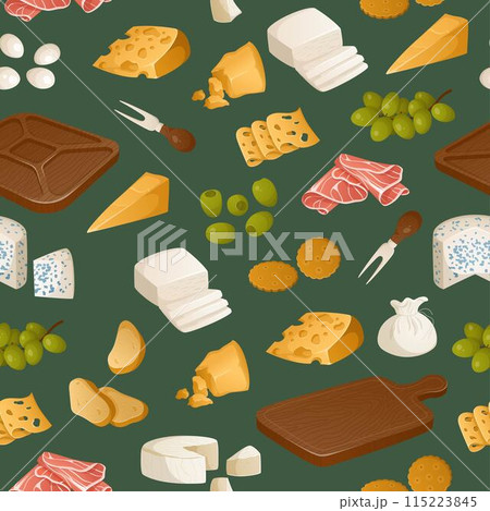 Seamless pattern of different types of cheeses and fruits. Appetizers, snacks for wine on a green background. Vector illustration. 115223845