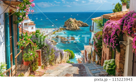 Quaint spanish coastal village with vibrantのイラスト素材
